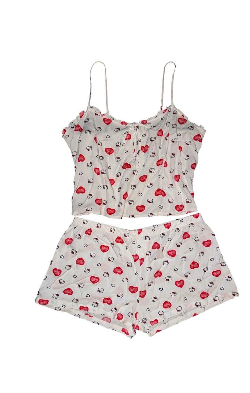 Hello Kitty Pajama Set Size XL White Heart Print